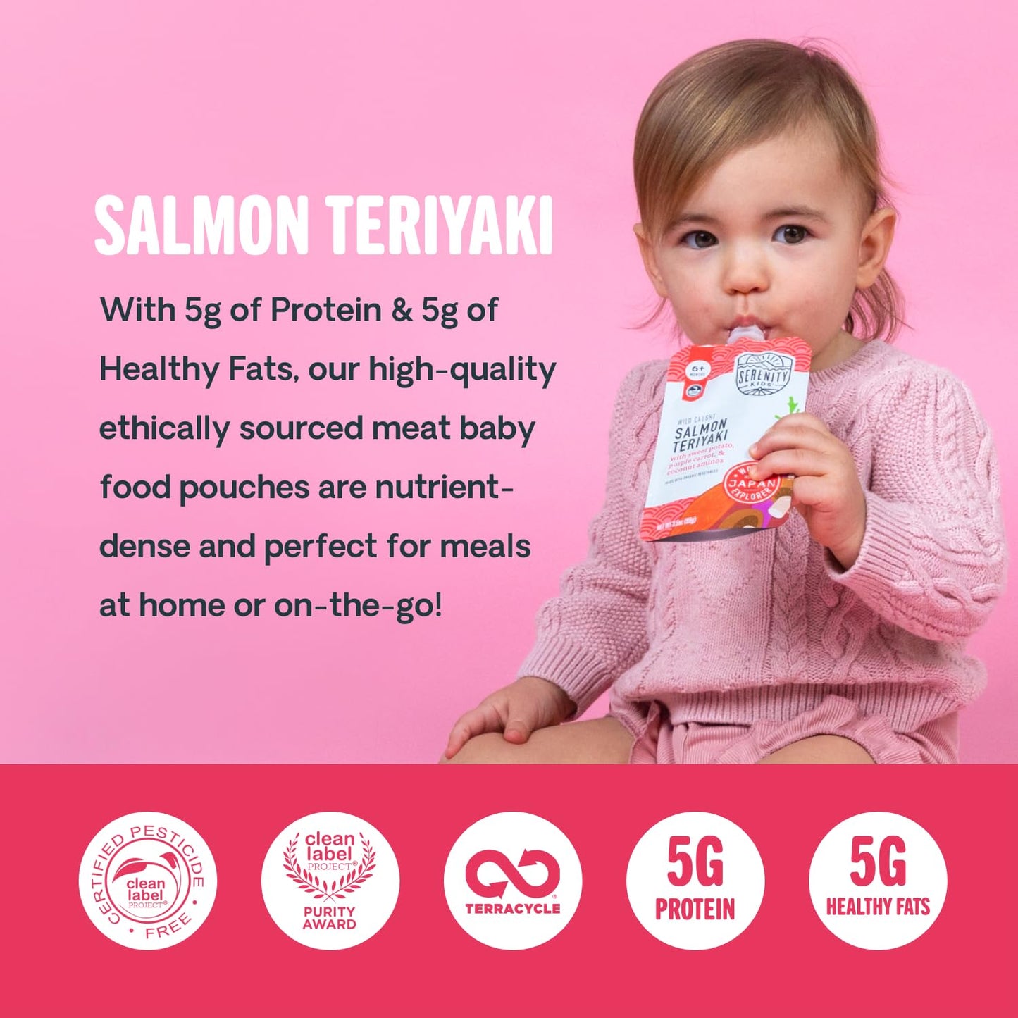Serenity Kids 6+ Months Organic Baby Food Pouch - 3.5 Oz, Pack Of 12, Salmon Teriyaki - 5G Protein Nutrient-Packed Puree - Savory Salmon Teriyaki - No Added Sugar - On-The-Go Pouch For Baby Snacks