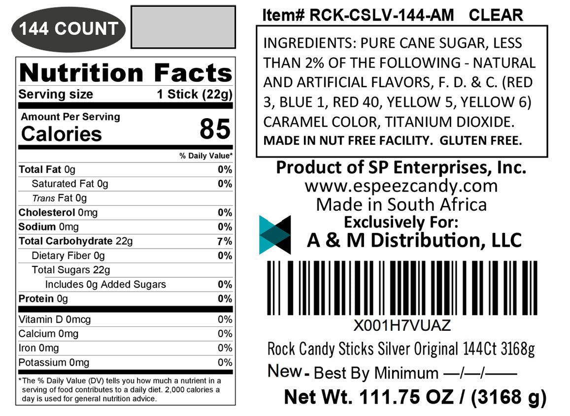 Espeez Extra Large Rock Candy Sticks - 144 Count - Original Flavor - Individually Wrapped - Silver