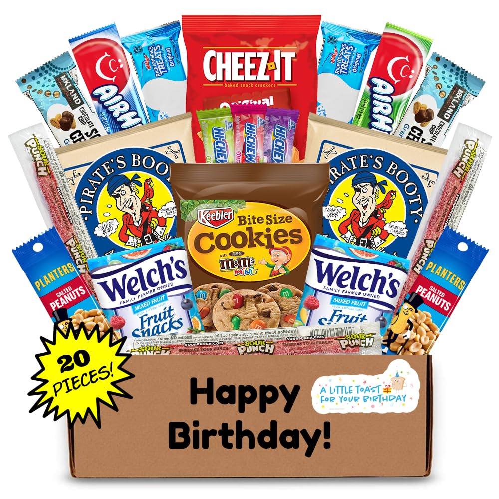 Hangry Kit Birthday Snack Box - (20 Ct) Happy Birthday Gift Basket Care Package - Contains Birthday Snacks, Cookies, Chips, Cand