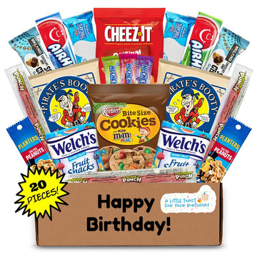 Hangry Kit Birthday Snack Box - (20 Ct) Happy Birthday Gift Basket Care Package - Contains Birthday Snacks, Cookies, Chips, Cand