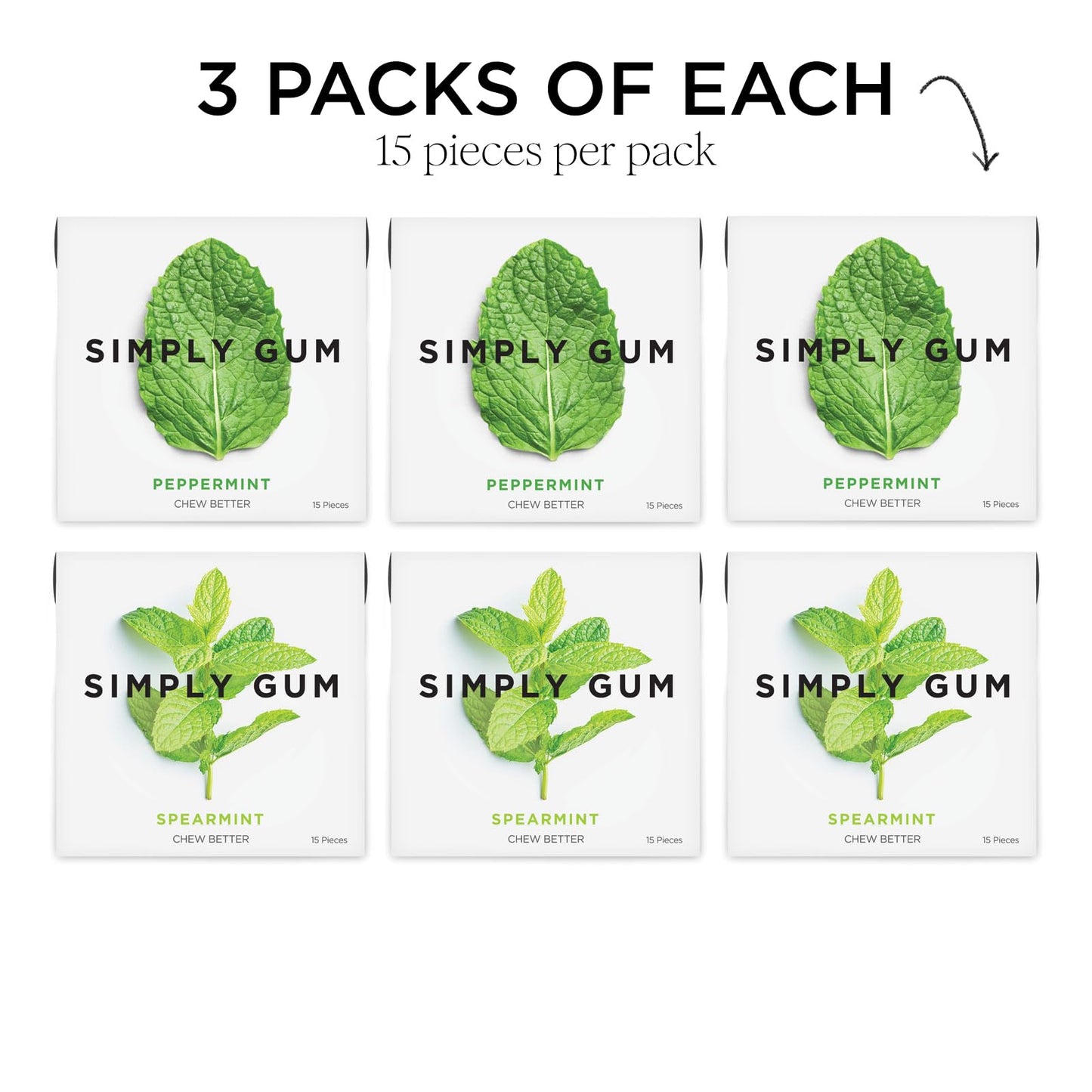 Simply Gum | Variety Pack - Peppermint, Spearmint | Pack Of Six (90 Pieces Total) | Synthetic Free + Aspartame Free + Non Gmo