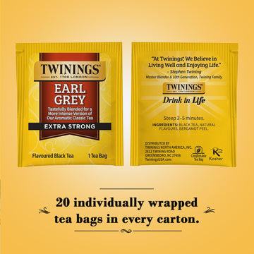 Twinings Earl Grey Tea Extra Strong 3-Pack – A Bright And Zesty Black Tea Infused With Citrus Bergamot Flavours, Caffeinated Tea Bags, Individually Wrapped, 20 Count Ea