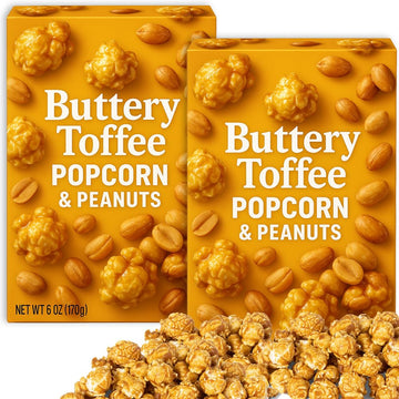 Popcorn Popped, Buttery Toffee Popcorn with Peanuts 2 Pack (6 oz Each Box) Delicious Flavored Snack Gift