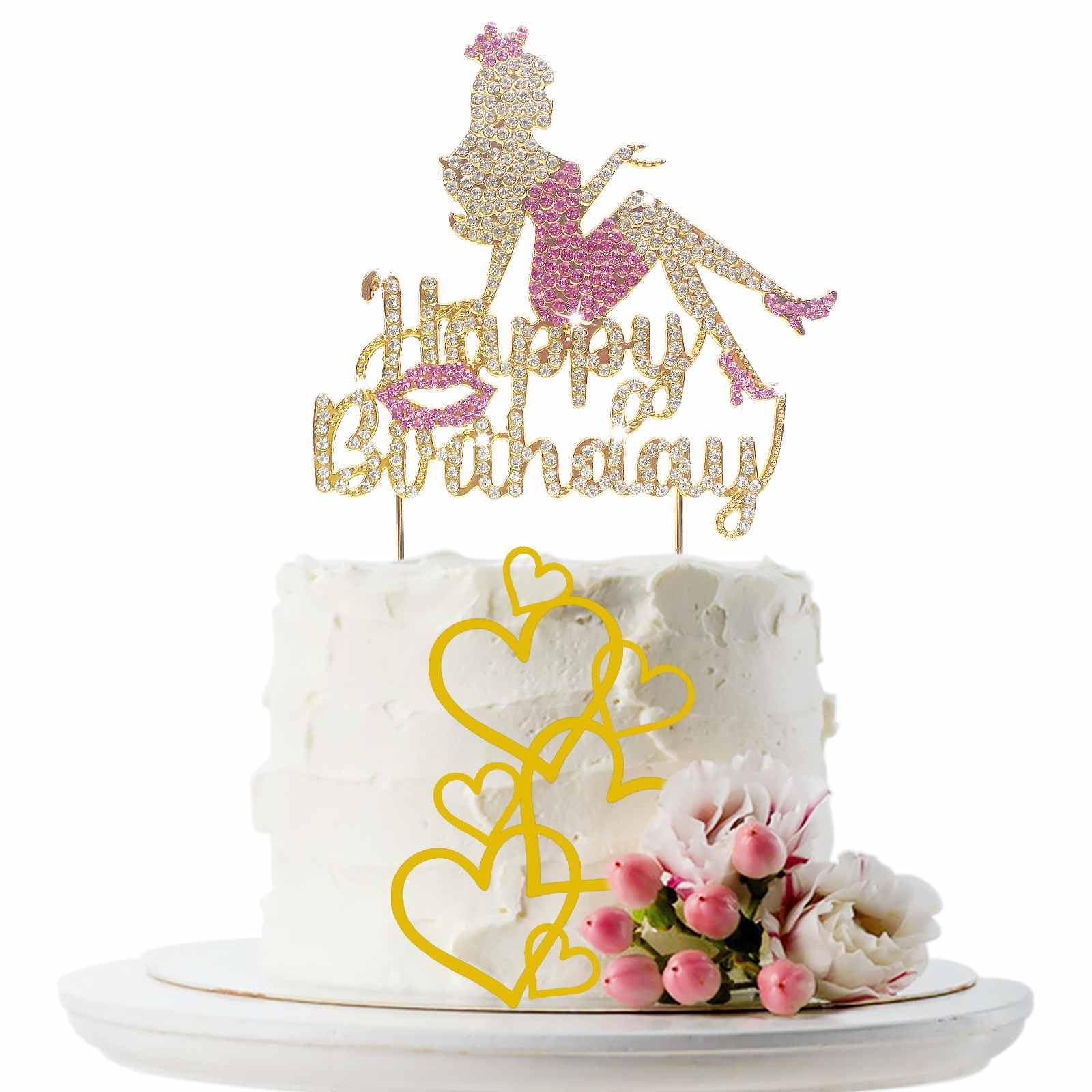 2Pcs Happy Birthday Cake Toppers Gold And Pink Elegant Feliz Cumpleaos Cake Topper For Her Princess Cake Decoration Metal Cake Sign With Rhinestone  Birthday Gifts For Women  Daughter  Girls