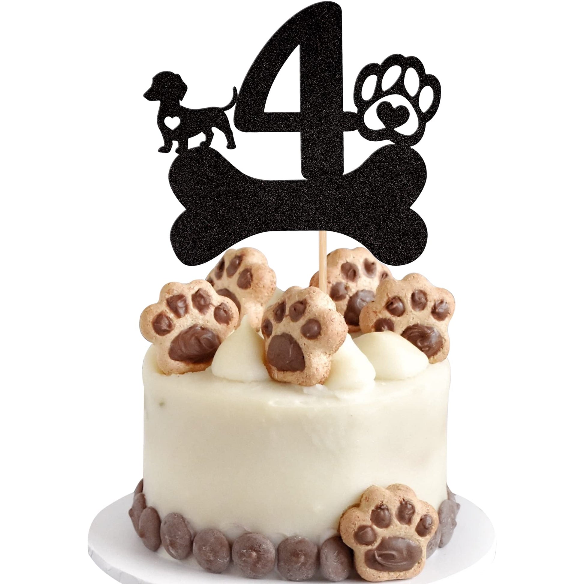 1 PCS 4th Birthday Cake Topper Black Glitter Dog Paw Four Years Old Birthday Puppy Dog Bone Cake Pick for Let's Pawty Baby Showe
