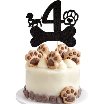 1 PCS 4th Birthday Cake Topper Black Glitter Dog Paw Four Years Old Birthday Puppy Dog Bone Cake Pick for Let's Pawty Baby Showe