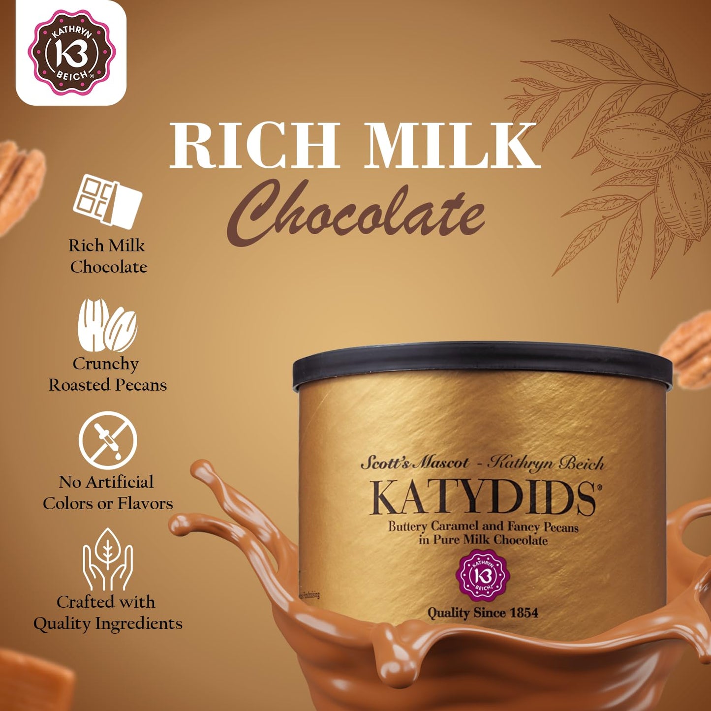 Kathryn Beich Katydids Candy - Milk Chocolate Caramel Pecan Clusters, 12 Tins, 8 Ounce Each