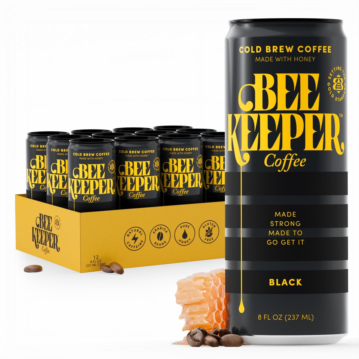 Beekeeper Coffee Black Cold Brew with Oregon Honey  8 fl oz cans (Pack of 12)  Ready-to-Drink  180mg Natural Caffeine