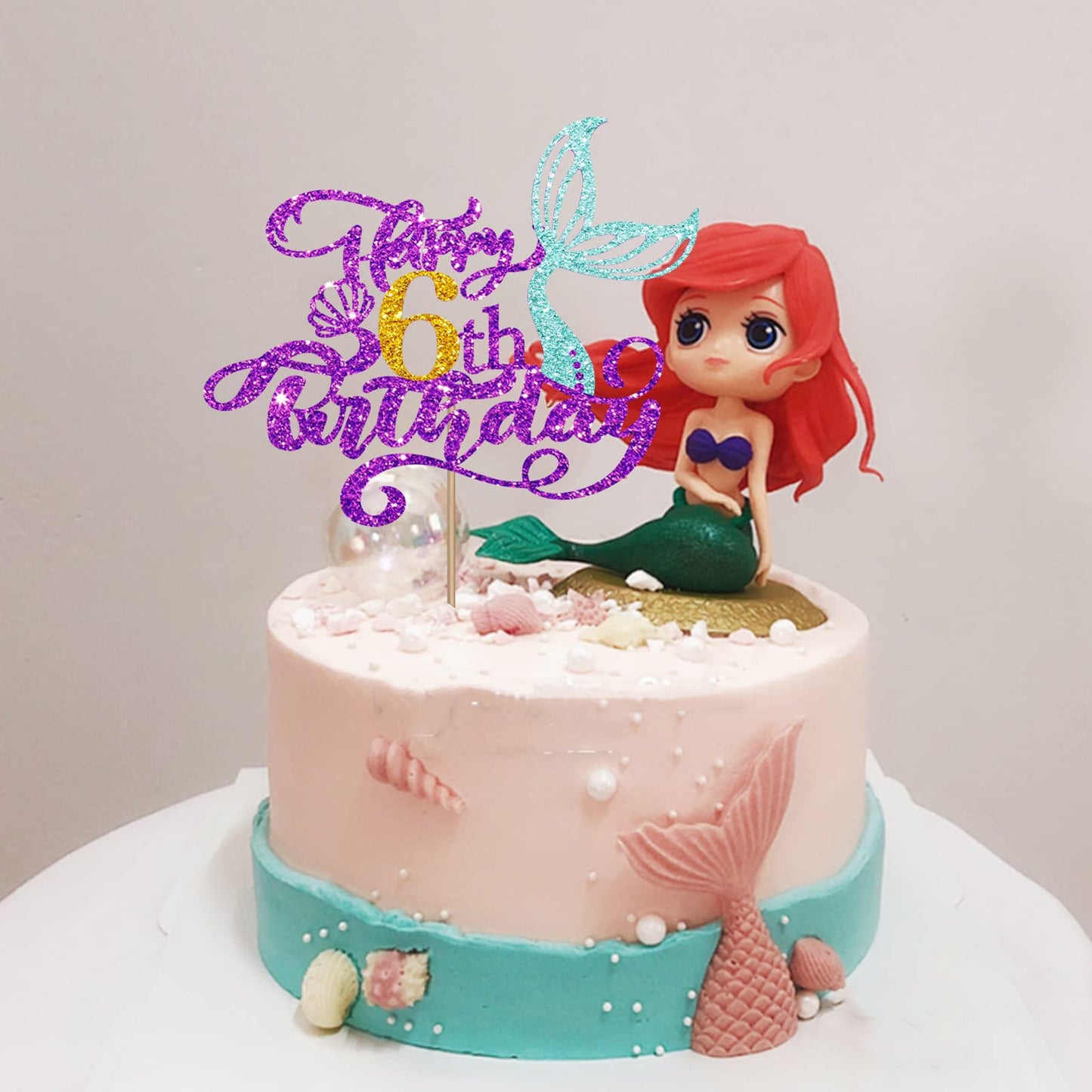Mermaid 6 Cake Topper, Happy 6Th Birthday Cake Decor For Baby Girl, Little Mermaid 6Th Birthday Party Decoration, Under The Sea