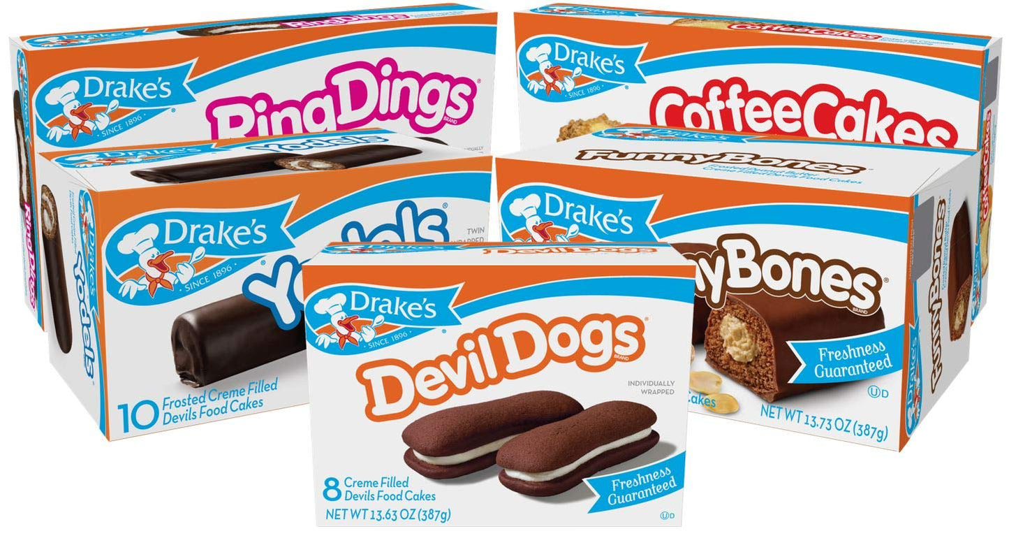 Drakes Variety Pack, 1 Box Each Of Coffee Cakes, Devil Dogs, Pound Cakes, Ring Dings, and Funny Bones, 40 Piece Assortment