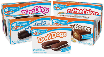 Drakes Variety Pack, 1 Box Each Of Coffee Cakes, Devil Dogs, Pound Cakes, Ring Dings, and Funny Bones, 40 Piece Assortment