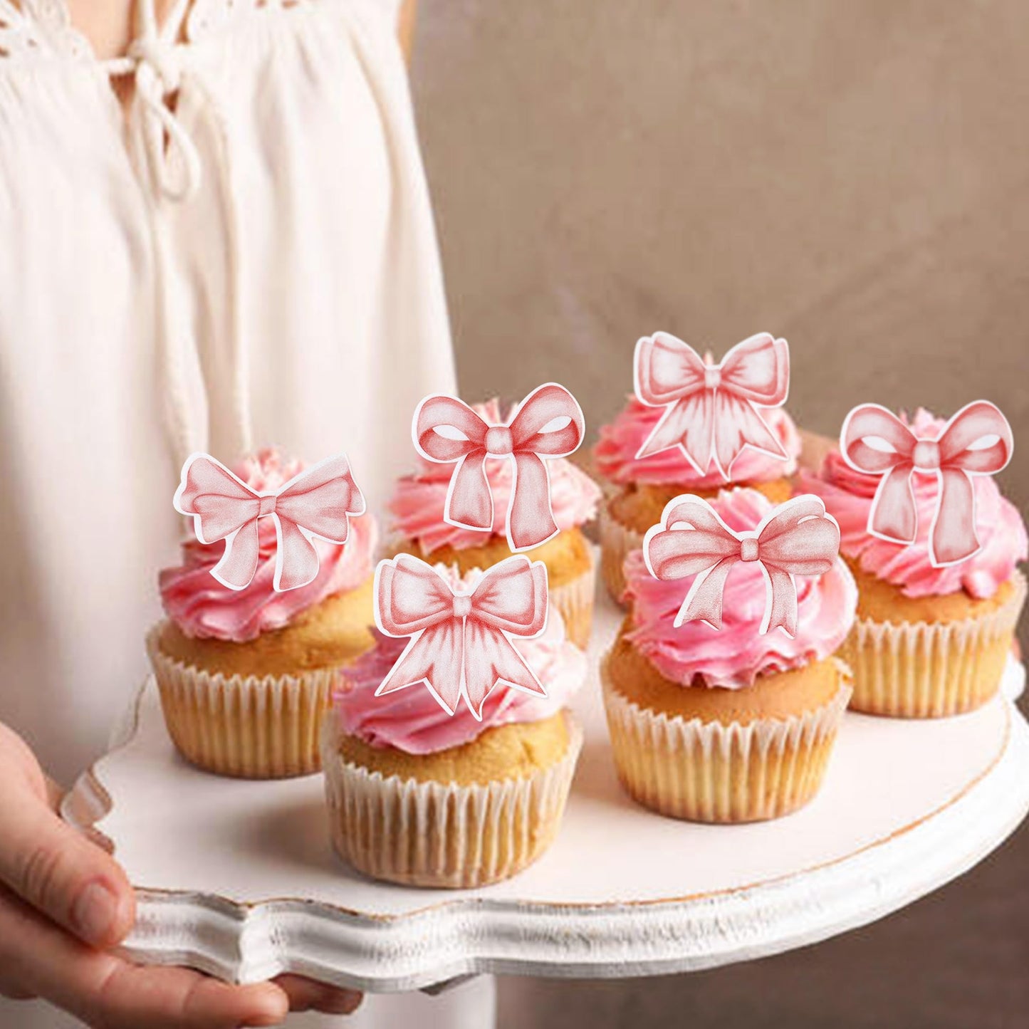 Cyodoos 40Pcs Edible Pink Bowknot Cupcake Toppers Wafer Paper Bowknot Cake Dessert Picks Drink Topper Baby Shower Princess Cupca