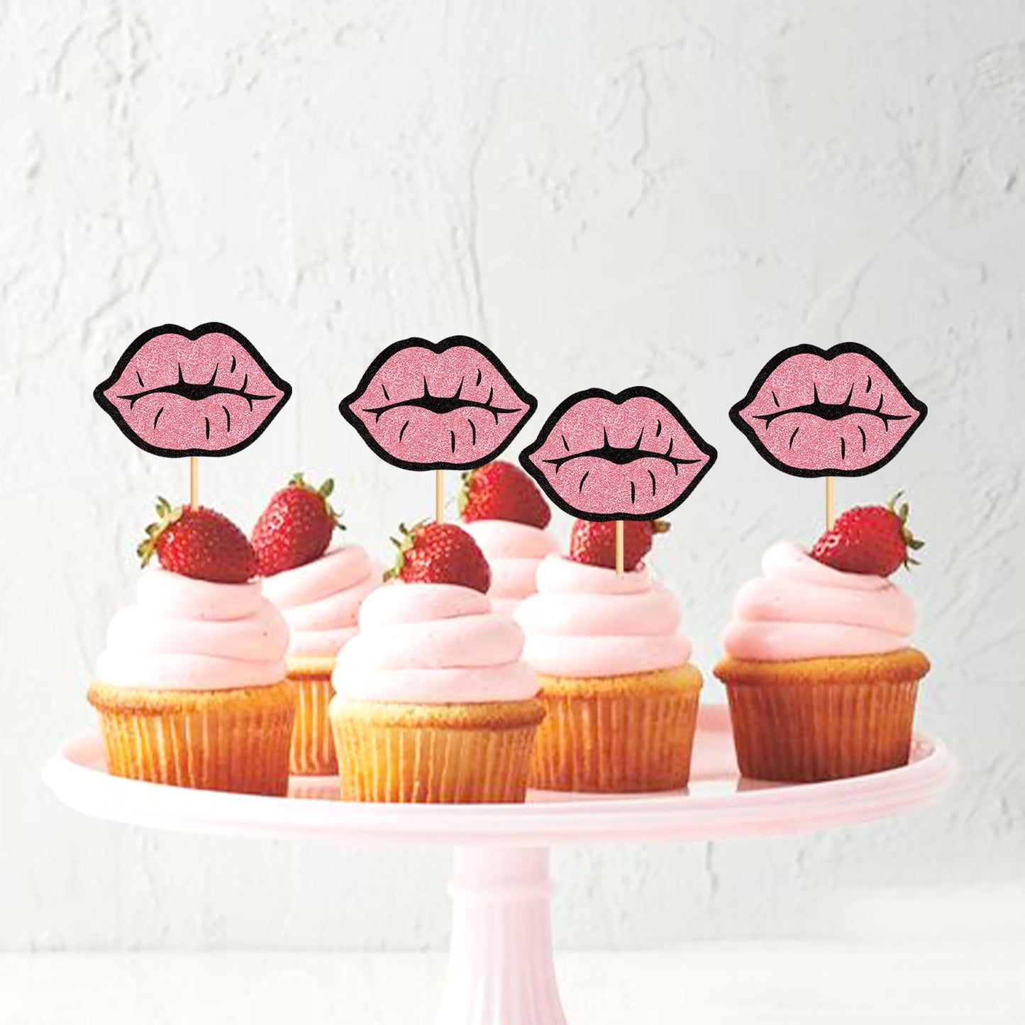 Cyodoos 24 Pcs Glitter Pink Lip Cupcake Toppers, Pink Glitter Girls Cupcake Toppers, Lip Cupcake Picks, Cake Topper For Wedding