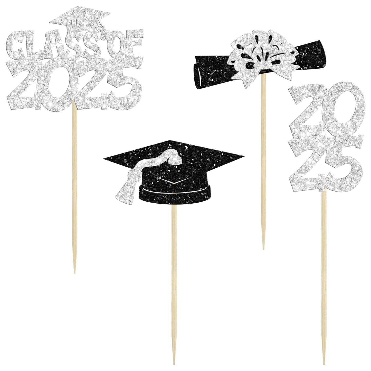 Ephlyn Cupcake Toppers 36Pcs Glitter Graduation Theme Class of 2025 Silver