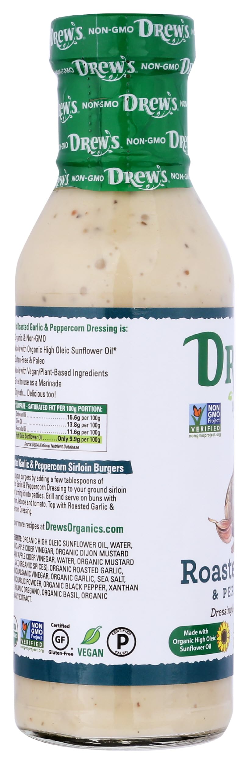 Drews All-Natural Salad Dressing And 10 Minute Marinade Roasted Garlic & Peppercorn 12-Ounce Bottle