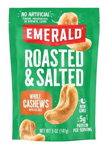 Emerald Nuts Roasted And Salted Whole Cashews (1-Pack), 5Oz Resealable Bag, Kosher Certified, Non-Gmo, Contains No Artificial Preservatives, Flavors Or Synthetic Colors