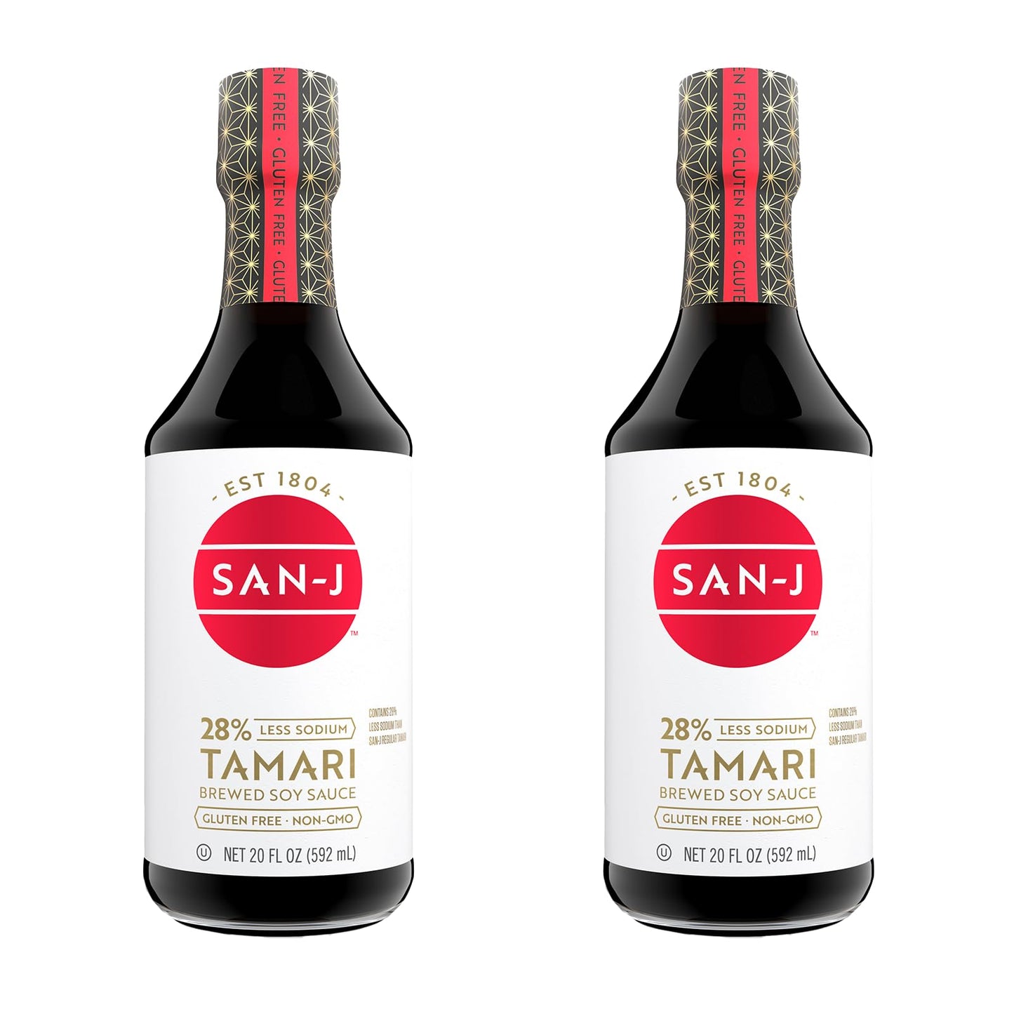 San-J - Gluten Free Tamari Soy Sauce with 28% Less Sodium - Specially Brewed - Made with 100% Soy - 20 oz. Bottles - 2 Pack