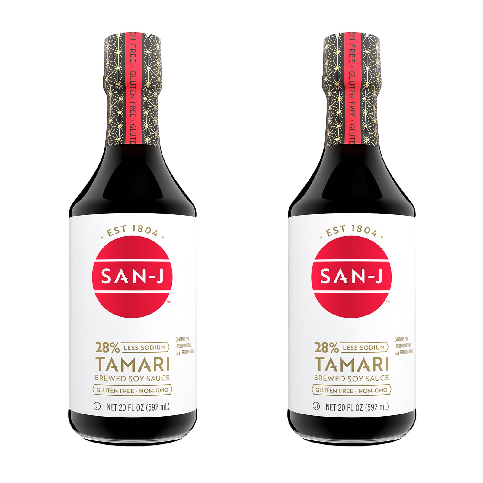San-J - Gluten Free Tamari Soy Sauce with 28% Less Sodium - Specially Brewed - Made with 100% Soy - 20 oz. Bottles - 2 Pack
