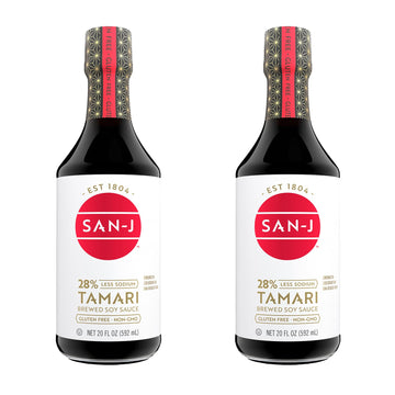 San-J - Gluten Free Tamari Soy Sauce with 28% Less Sodium - Specially Brewed - Made with 100% Soy - 20 oz. Bottles - 2 Pack