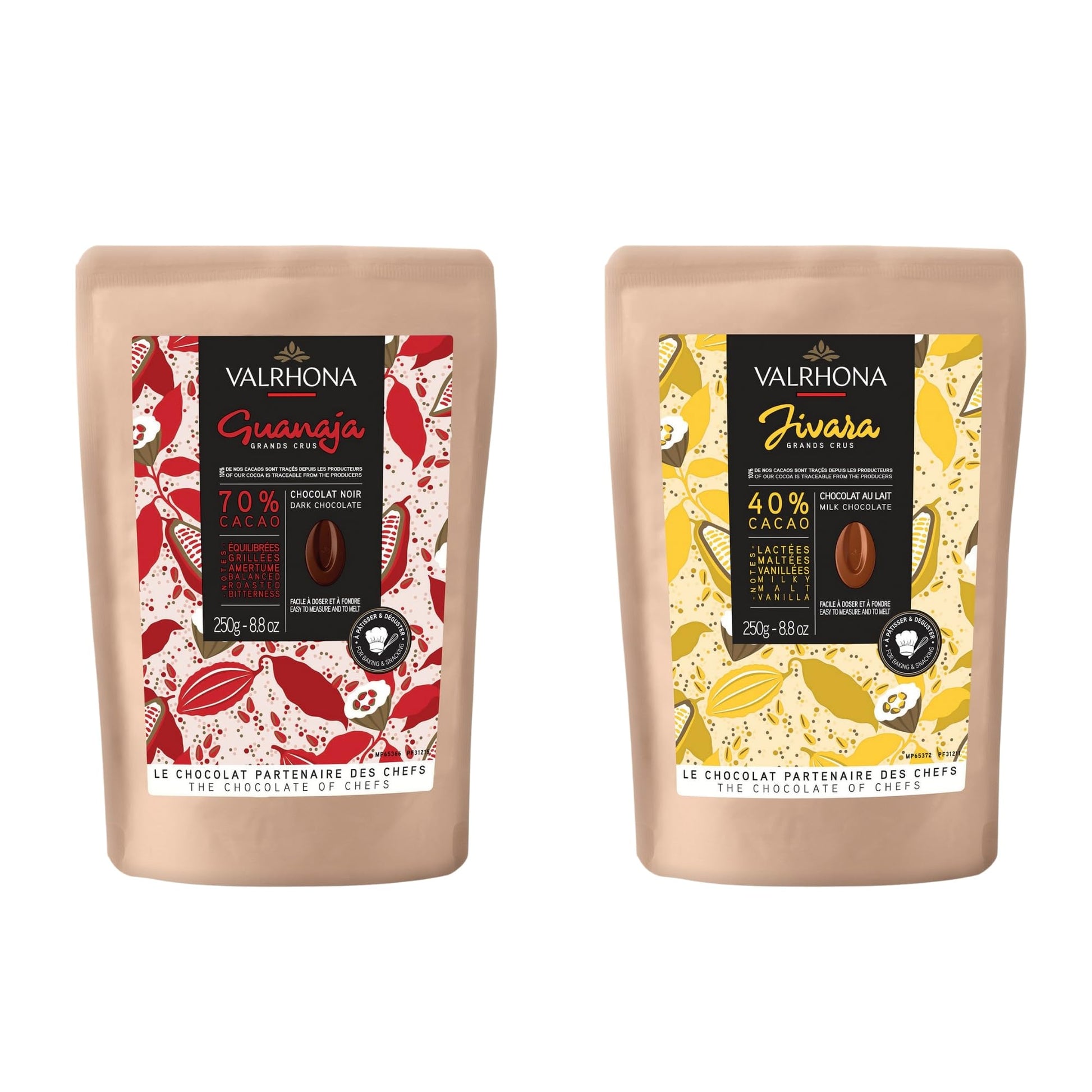 Valrhona Top-Grade Baking Chocolate Discs (Feves)  Creamy Milk Jivara 40% W/Hints Of Vanilla And Malt  And Dark Chocolate Guanaja 70% W/Intense & Smooth With Bitter Notes  For Cookies  Cakes  And More