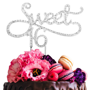 Sweet 16 Cake Topper for 16 Years Birthday Or 16th Wedding Anniversary Crystal Rhinestone Party Decoration Silver