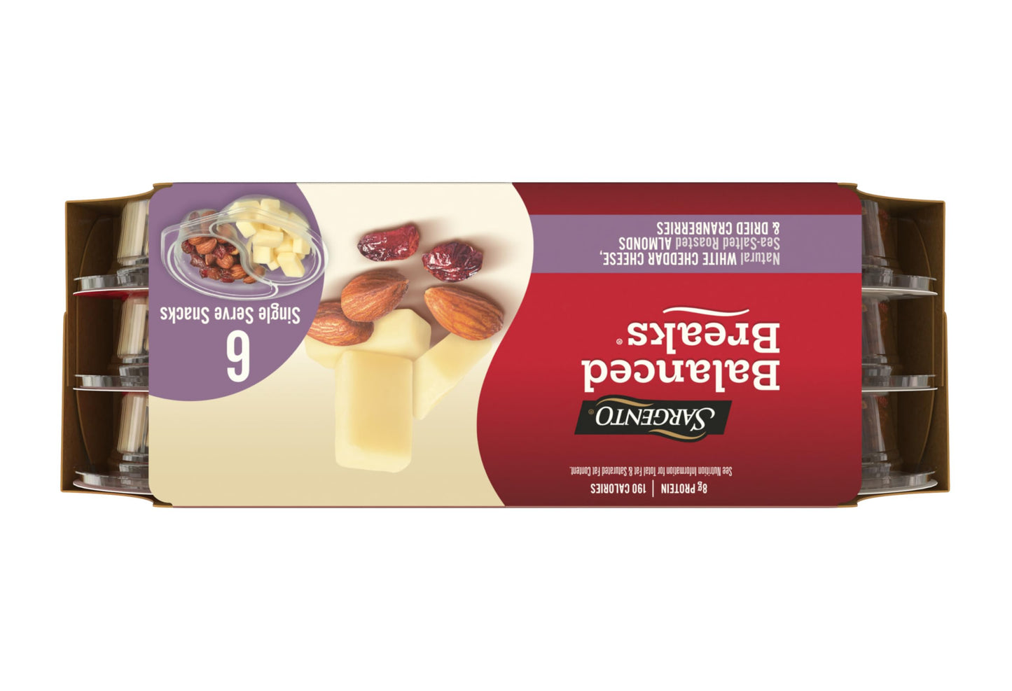 Sargento Balanced Breaks Natural White Cheddar Cheese, Sea-Salted Roasted Almonds, Dried Cranberries Snack Kit, 6-Pack