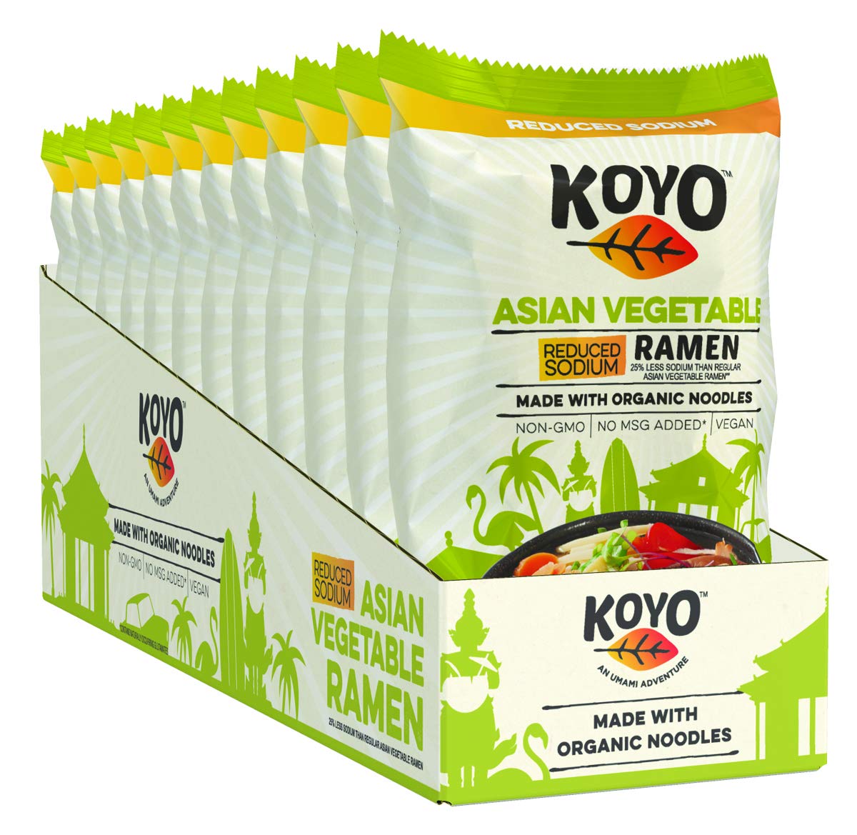 Koyo Ramen Soup, Asian Vegetable Reduced Sodium, Made With Organic Noodles, No Msg, No Preservatives, Vegan, 2.1 Ounce Per Package (12 Pack)