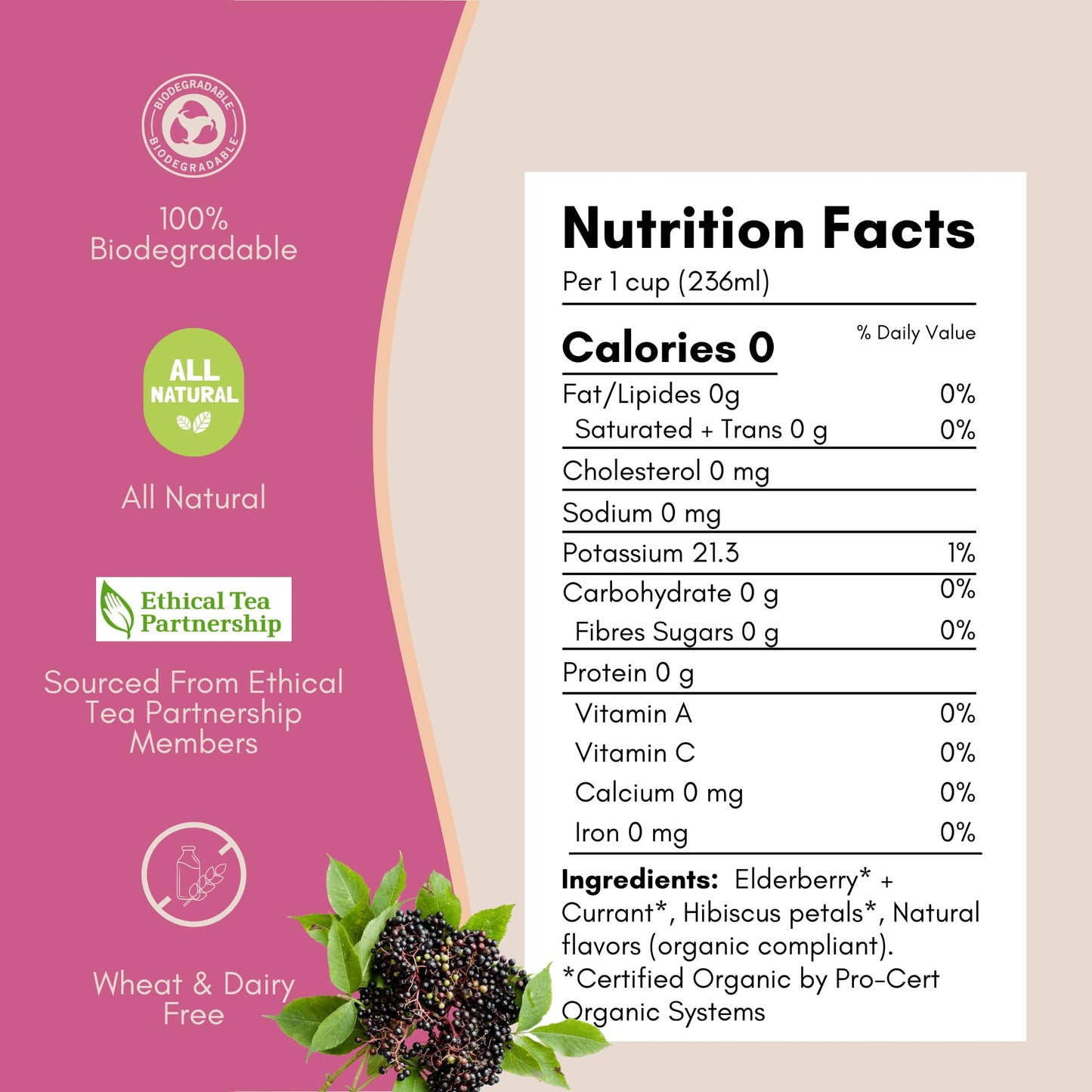 Tease Tea Organic Hibiscus Drink - Berry Booster Elderberry, Caffeine Free Herbal Tea, Made with Hibiscus Petals and Currant