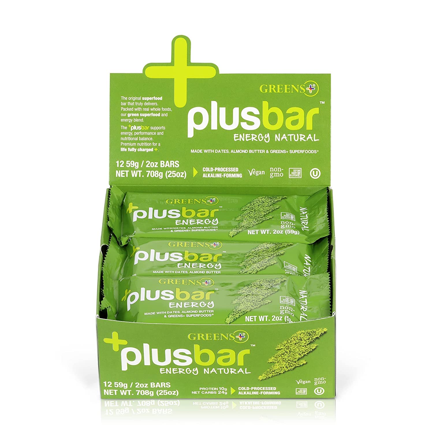 Greens+ Plusbar Energy, Natural, Gluten-Free Snack With Super Greens, Superfoods & Almond Butter, Vegan, Dairy-Free, Non-Gmo, 10