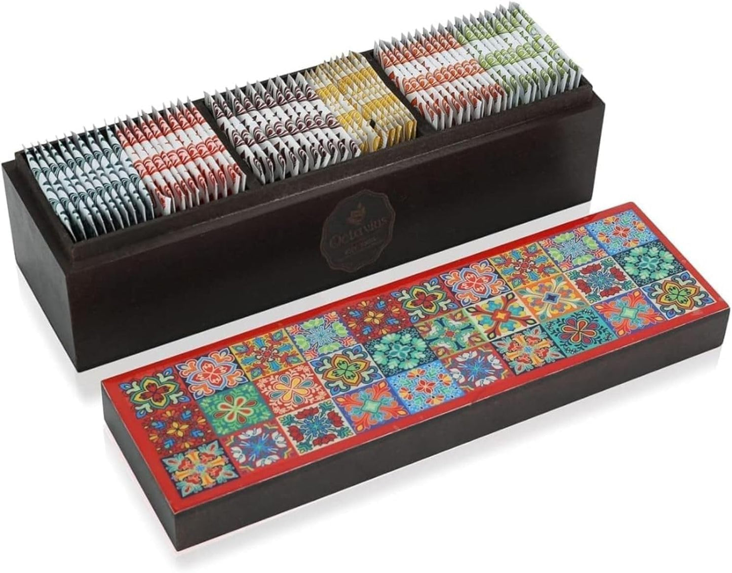 Octavius - Assorted Tea Variety Pack In Tile Motif Design Wooden Box | 6 Flavors, 60 Tea Bags | Black & Green Tea | Tea Gifts For Women & Men