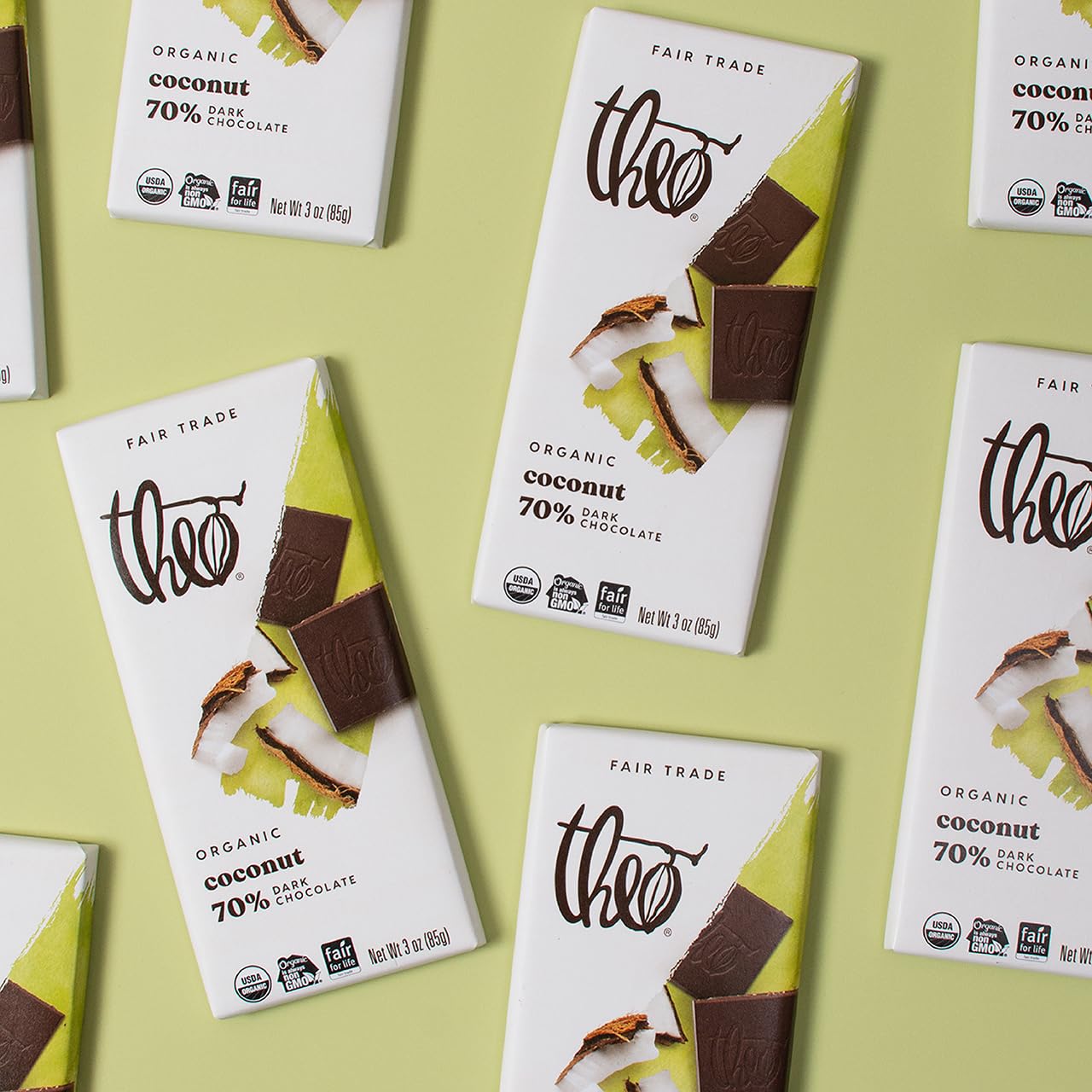 Theo Chocolate Coconut Organic Dark Chocolate Bar, 70% Cacao, 12 Pack | Vegan, Fair Trade