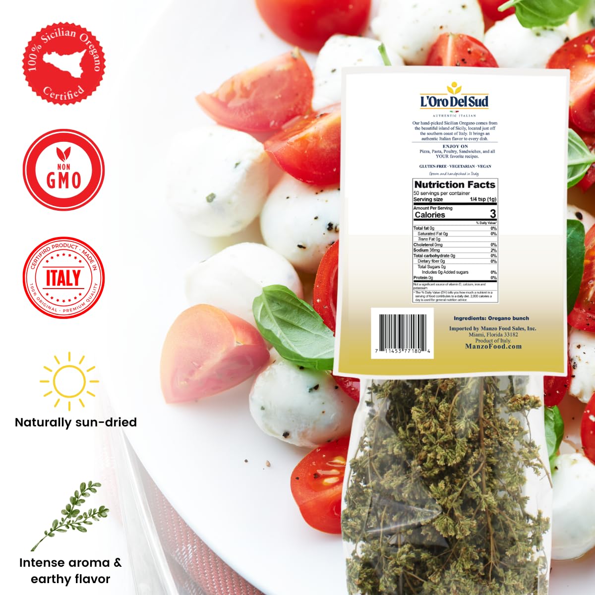 Oregano, Dried Sicilian Oregano on the Stem, Product of Italy, 1.4 oz (40 g), All Natural, Non-GMO, Product of Italy, LOro del