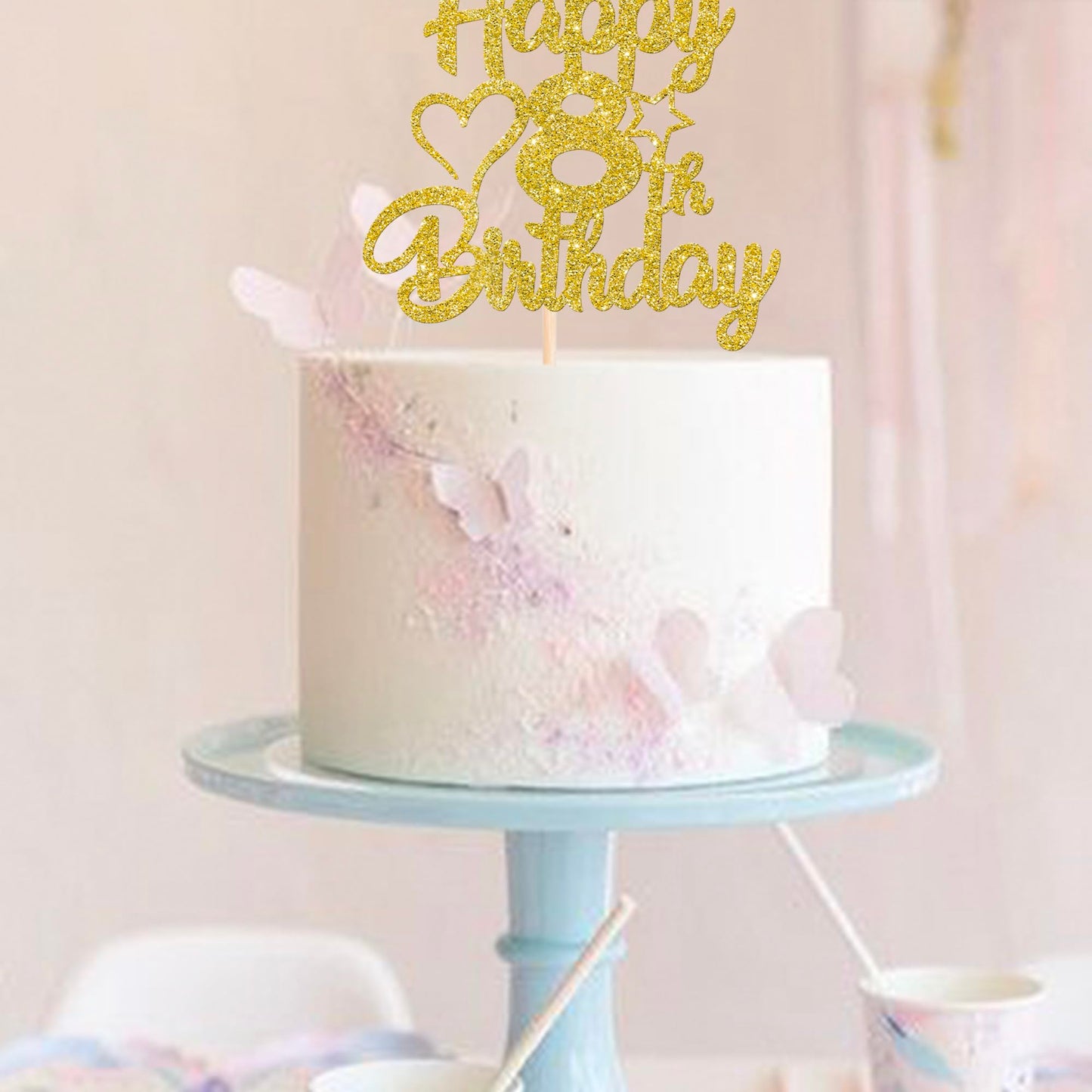 YCTHUNFISH Birthday Cake Topper, Gold Glitter Heart Star, 8th Birthday Decorations, Paper, 1 Pack