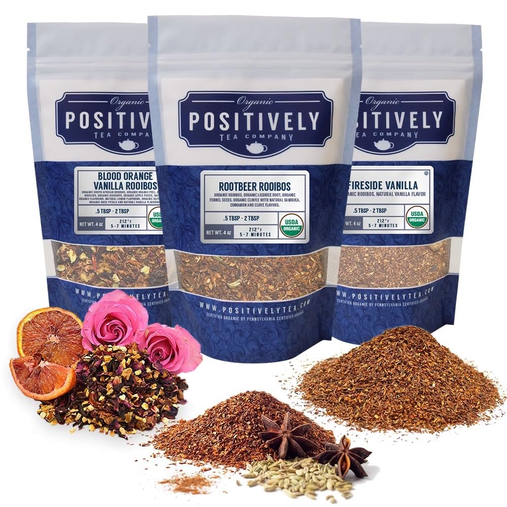 Organic Positively Tea Company Rooibos Tea Sampler, Loose Leaf, 4 Ounce, Pack of 3