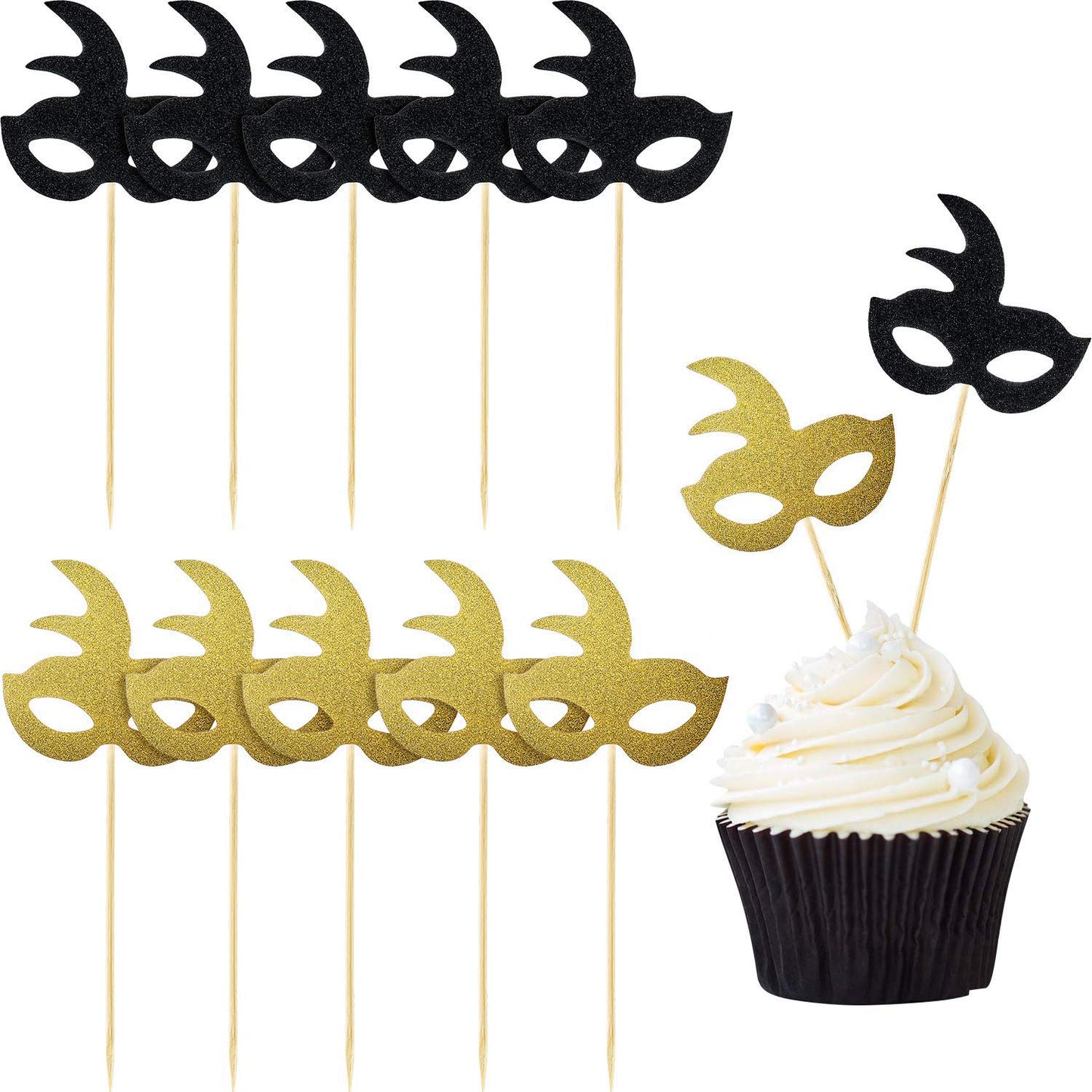 Blulu 48 Pieces Masquerade Mask Cupcake Toppers Black Gold Glitter Bachelorette Party Mask Cupcake Halloween Food Dessert Picks 