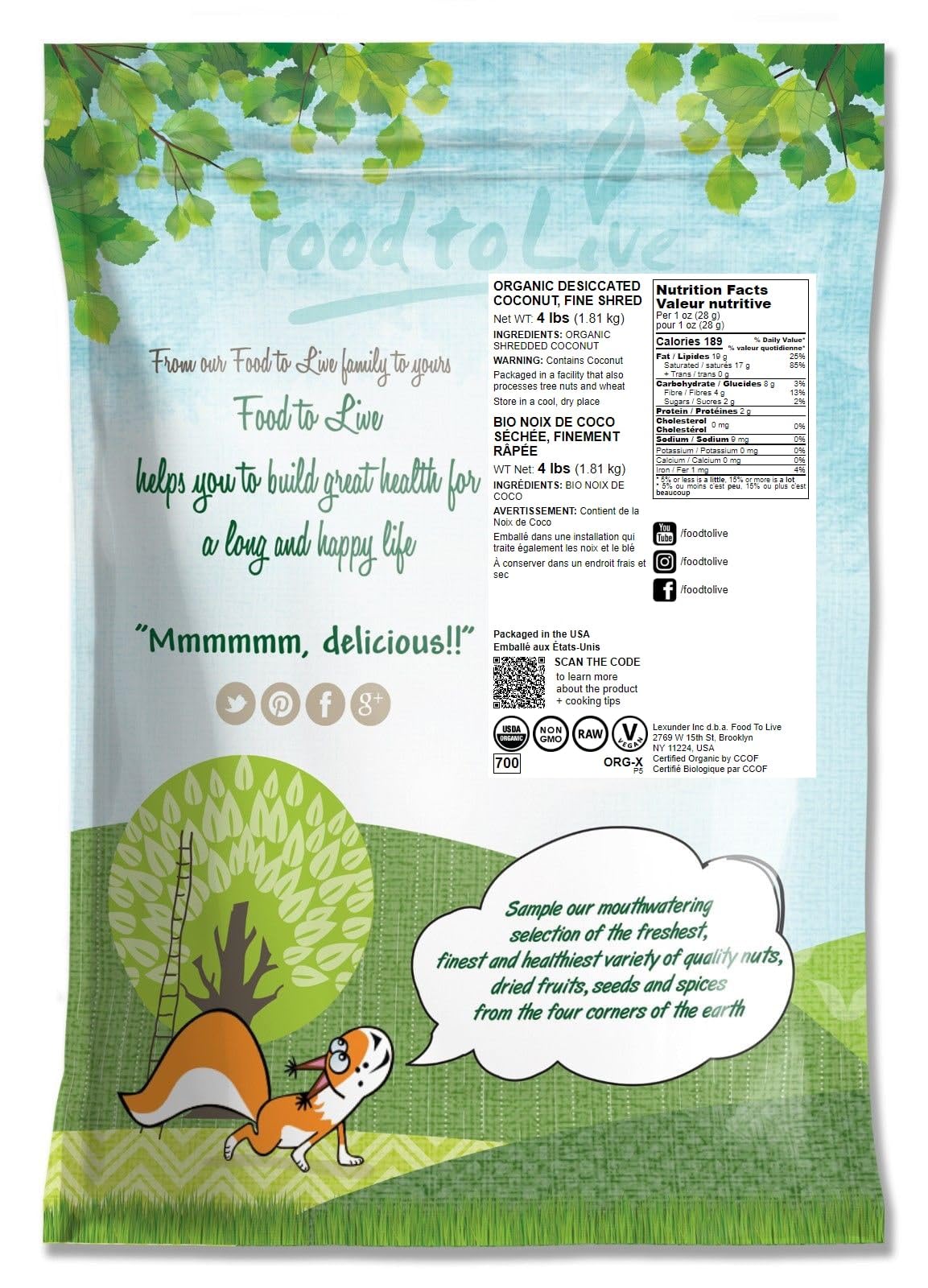 Food To Live Organic Fine Shredded Coconut, 4 Pounds - Non-Gmo, Raw, Unsweetened, Unsulfured, Desiccated, Shaved Meat. Vegan, Ke