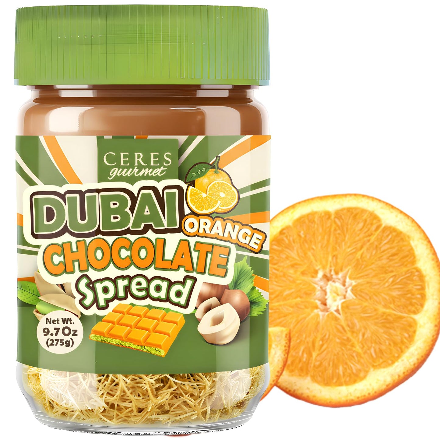 Dubai Spreadable Chocolate With Freeze-Dried Orange - Top-Grade Pistachio Spread With Roasted Phyllo - Gourmet Breakfast Chocolate (9.7 Oz / 275G Jar)