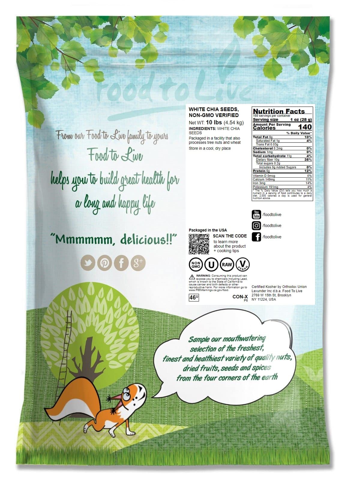 Food To Live White Chia Seeds, 10 Pounds - Whole, Raw, Kosher, Keto, Sirtfood, Vegan, Bulk. Rich In Omega 3, Omega 6, Fiber, Pro