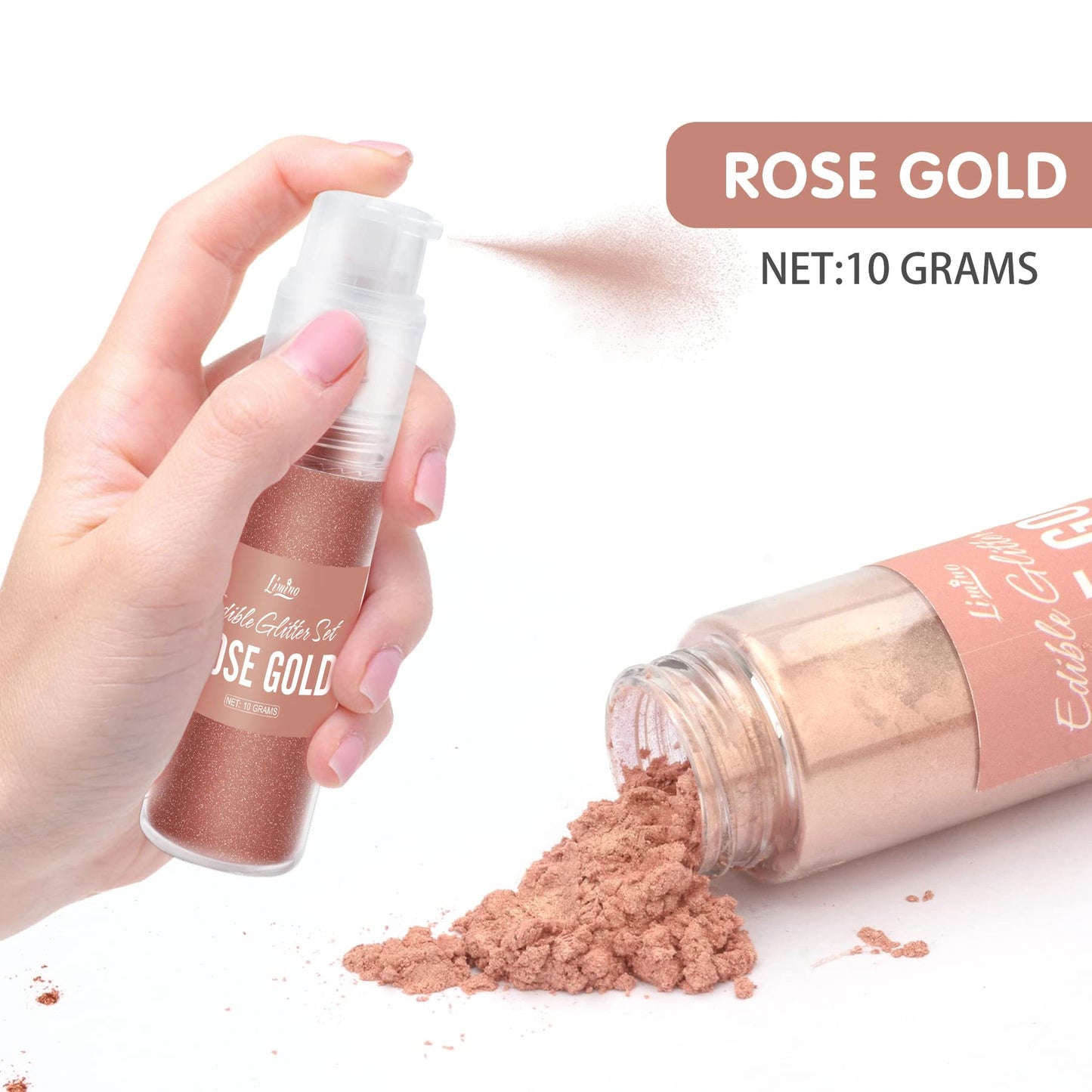 Limino Edible Glitter Spray - 10g Metallic Luster Dust for Baking, Cake Decorating, Drinks - Rose Gold