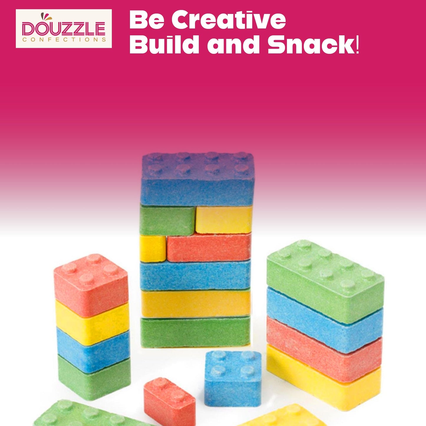 Douzzle Stack 'N Snack Candy Blocks, Edible Building Bricks Blox (10 Count, Pack Of 1) Individually Wrapped Candies, Birthday Pa