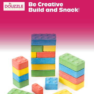Douzzle Stack 'N Snack Candy Blocks, Edible Building Bricks Blox (10 Count, Pack Of 1) Individually Wrapped Candies, Birthday Pa