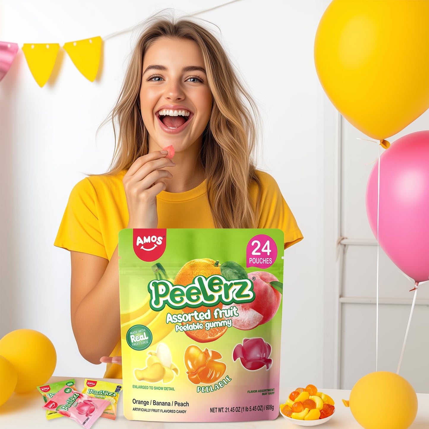 Amos Peelerz Assorted Peelable Gummy - Tropical Peeling Candy Variety Pack | Banana  Orange & Peach | 24 Individual Packs (608g) | Fun  Chewy & Shareable Treat