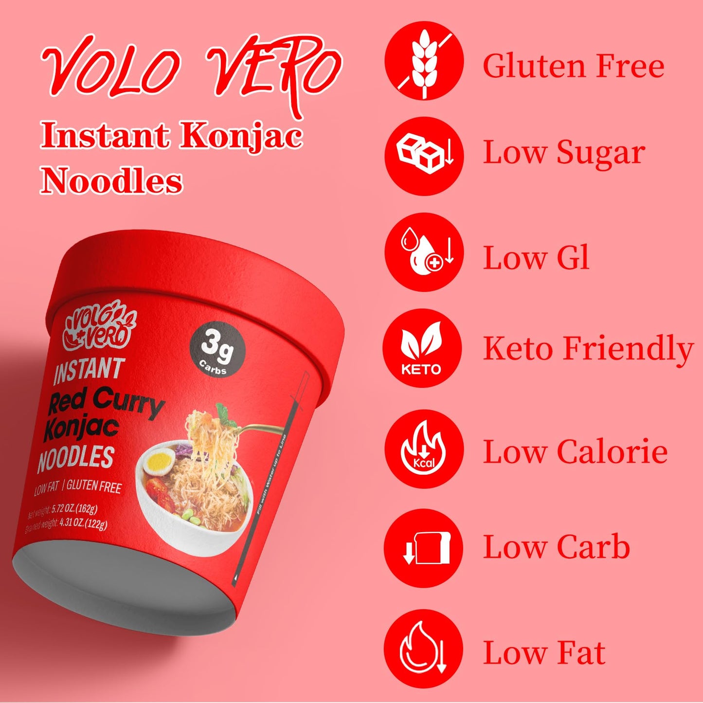 Volo Vero Konjac Noodles Instant Soup Cup, 6 Packs Shirataki Angel Hair Pasta Spicy Red Curry, Low Carb, Low Fat, Low Gi, Low Ca