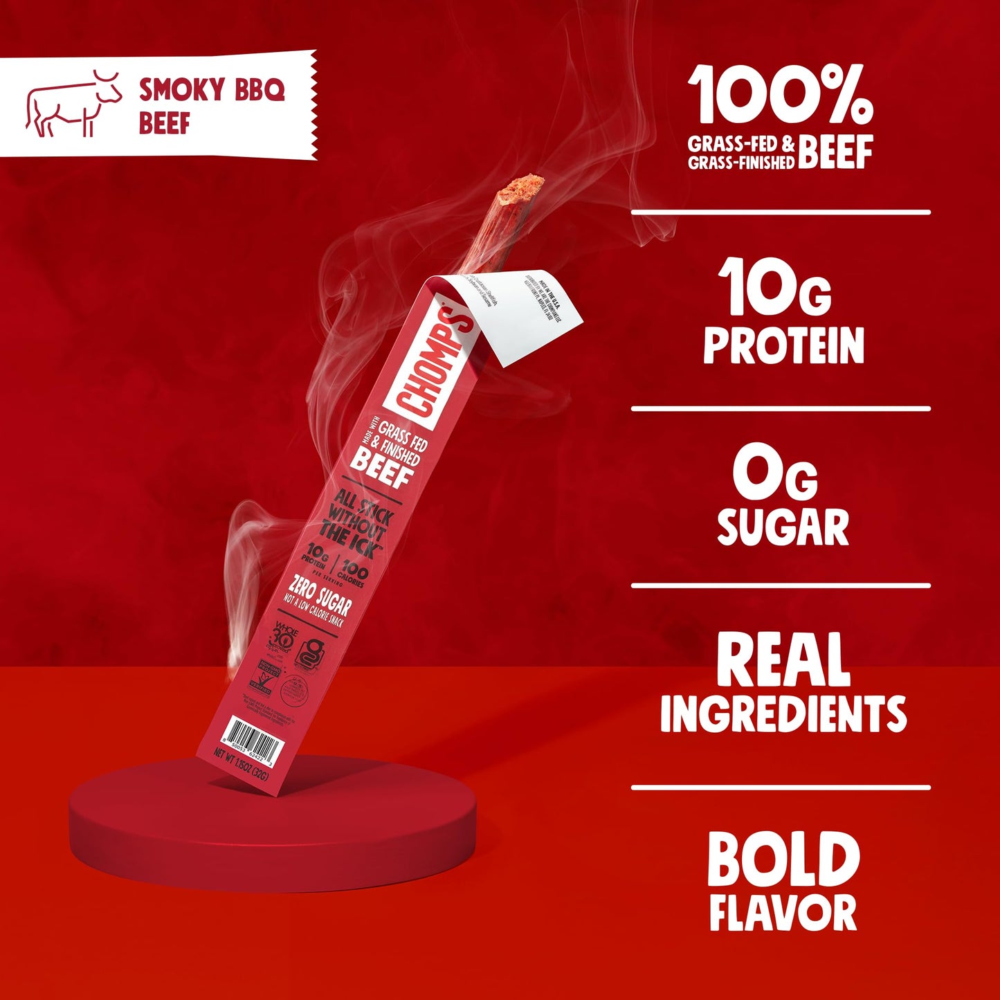 Chomps Beef Jerky Snack Sticks - Smoky BBQ, 10-Pack, 1.15 Ounce, Keto, Gluten-Free, Non-GMO, Zero Sugar