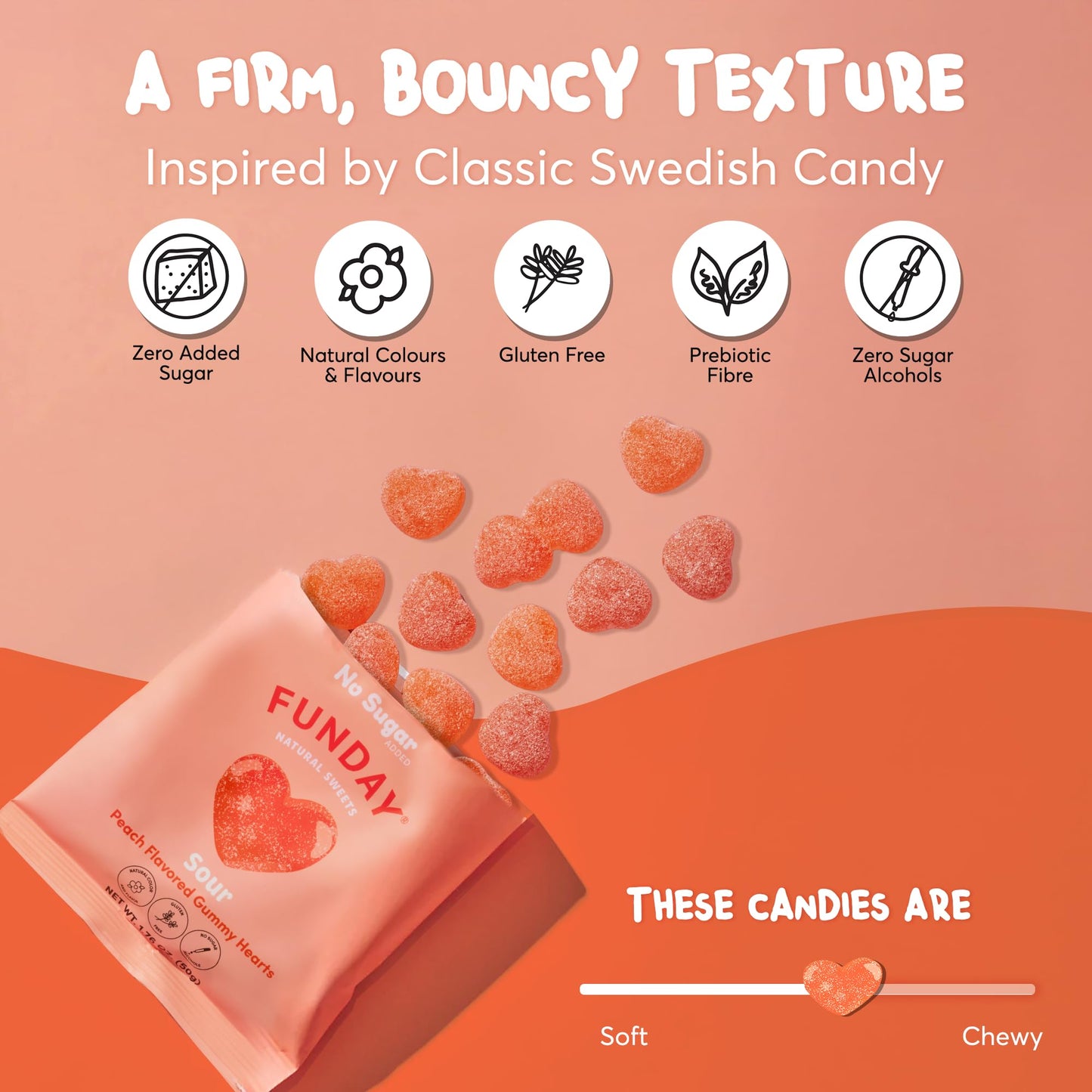 FUNDAY Sour Peach Hearts - 12 x 50g Bags - No Sugar Added - Gluten-Free Sour Candy with Natural Flavors & Prebiotic Fiber