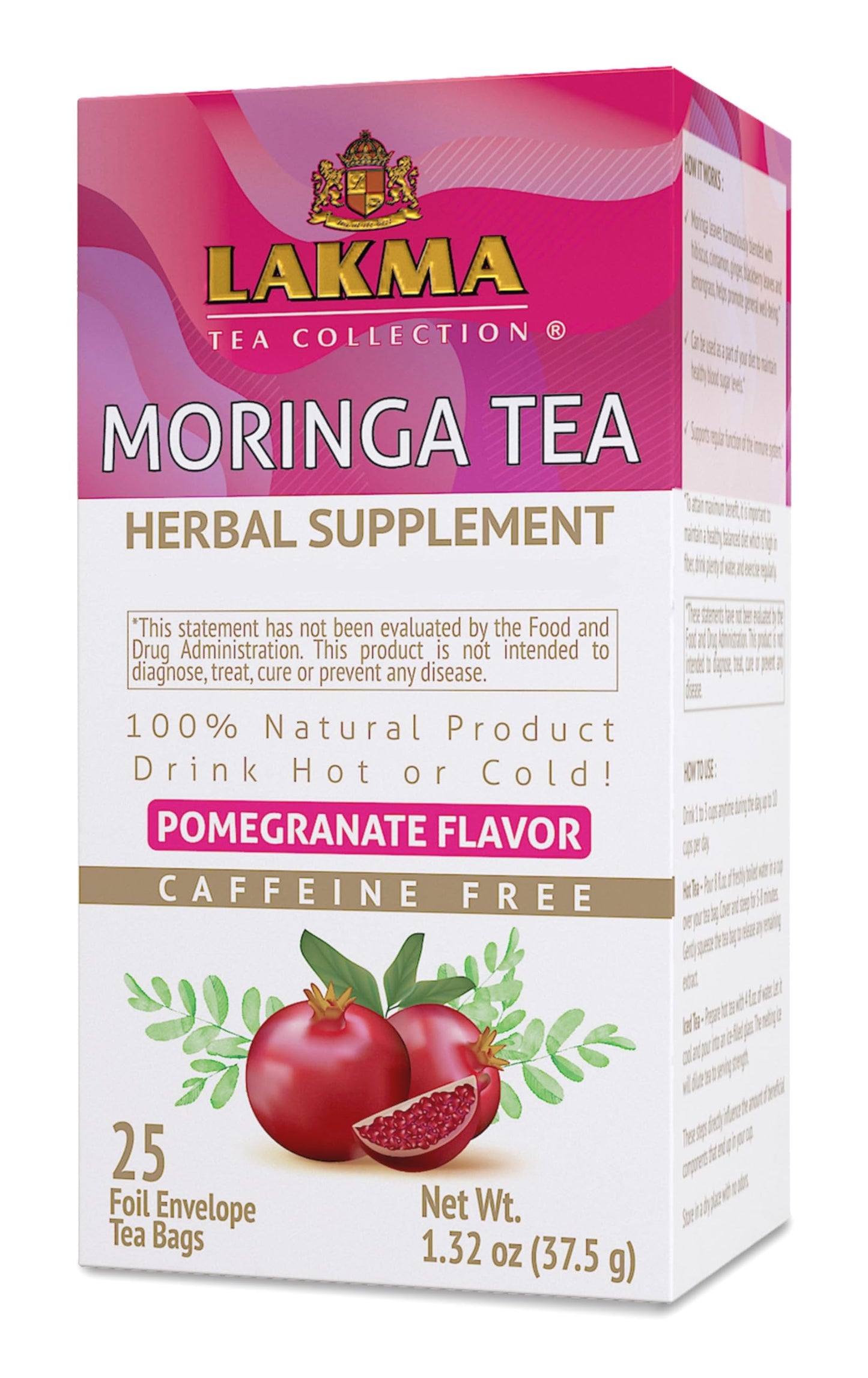 HYLEYS Moringa Oleifera Tea with Pomegranate, 25 Tea Bags per Pack, 6 Packs - Total 150 Tea Bags