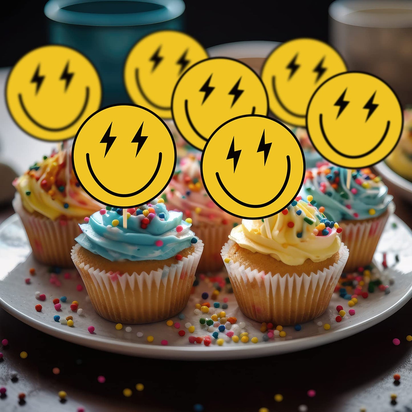 Seajan 48 Pcs One Happy Dude Birthday Cupcake Toppers Smile Face 1St Birthday Cake Topper Hippie First Birthday Decoration Mini