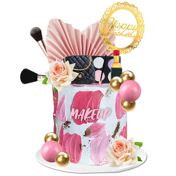 Makeup Cake Topper Cosmetics Artificial Rose Palm Leaves Happy Birthday Cake Toppers Spa Makeup Birthday Party Supplies For Girl