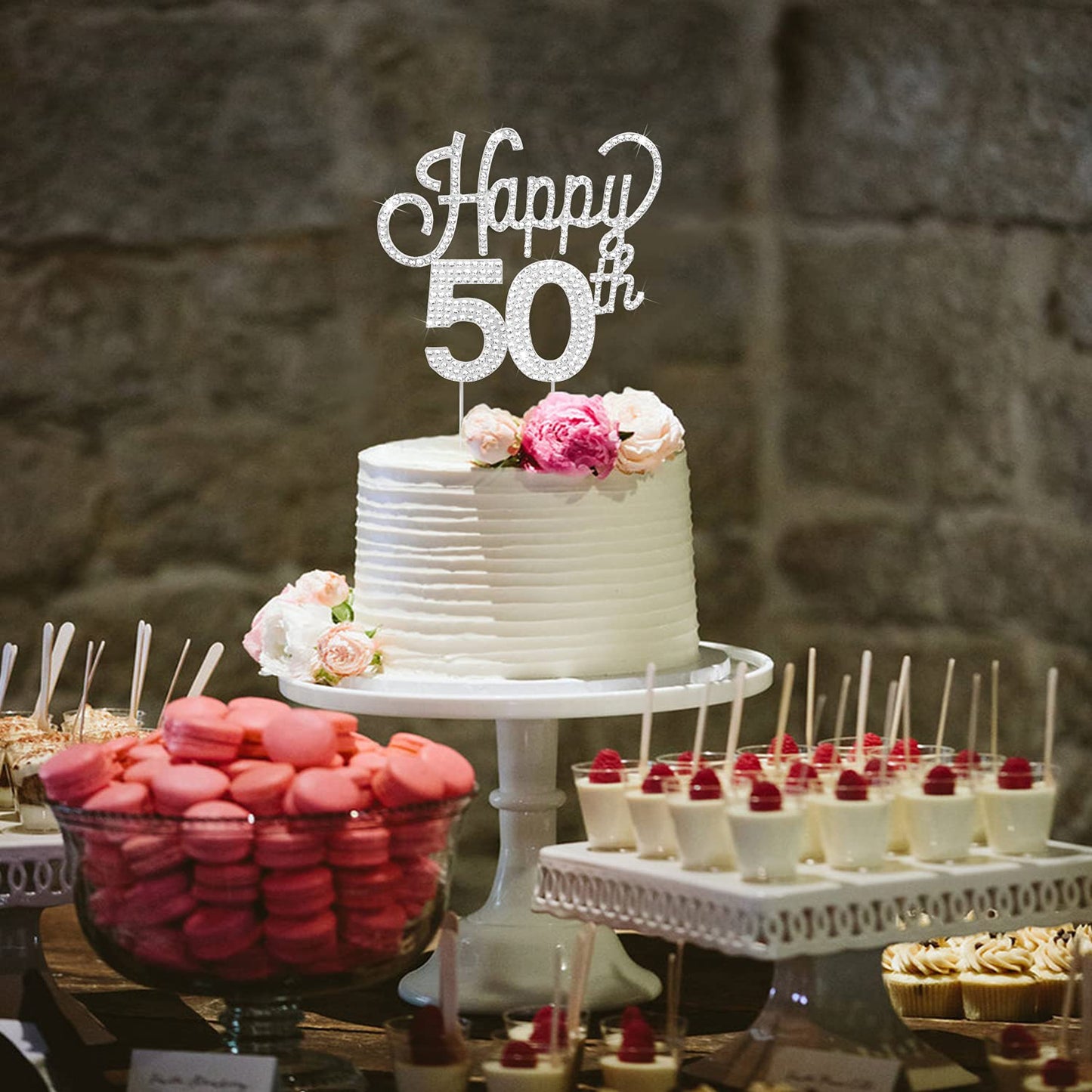 Lingteer Happy 50Th Birthday Silver Rhinestone Cake Topper - Cheers To 50Th Birthday Fifty Years Old Anniversary Party Cake Cent