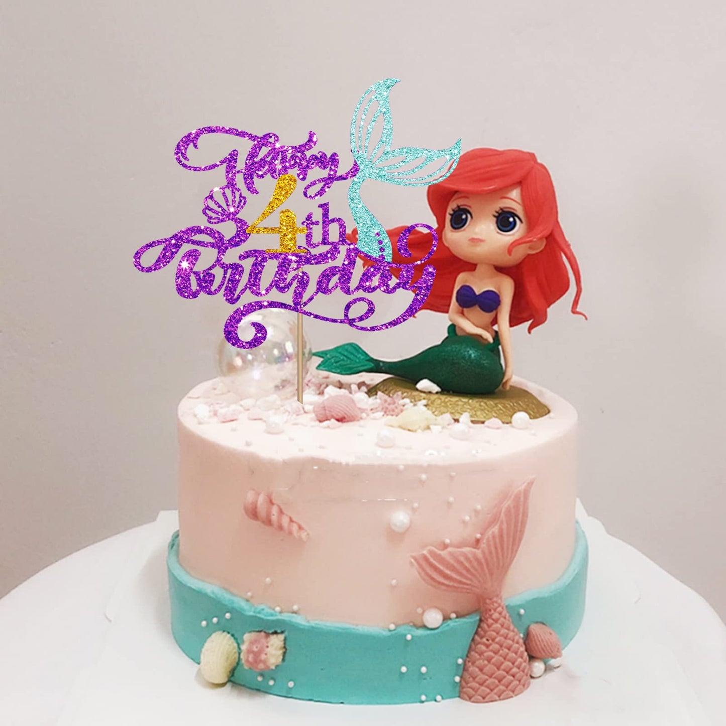 Mermaid 4 Cake Topper, Happy 4Th Birthday Cake Decor For Baby Girl, Little Mermaid 4Th Birthday Party Decoration, Under The Sea